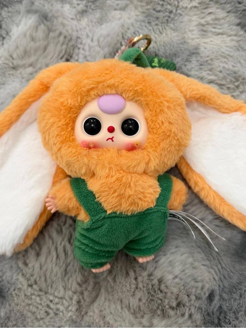 Plush Orange Bunny Keychain with Green Overalls - Cute Small Pets Accessory